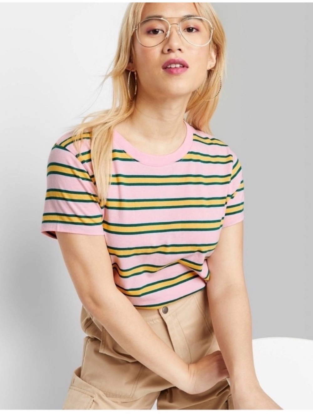 wild fable Pink Striped Short-Sleeve Tee with Green & Yellow Accents